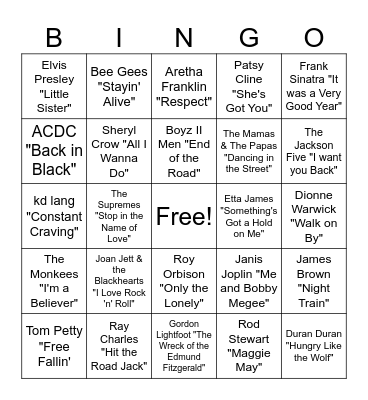 Music 60's, 70's, 80's, 90s Bingo Card