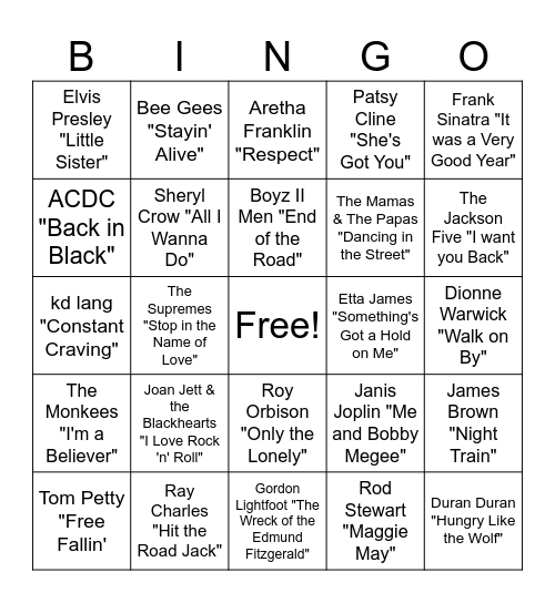 Music 60's, 70's, 80's, 90s Bingo Card