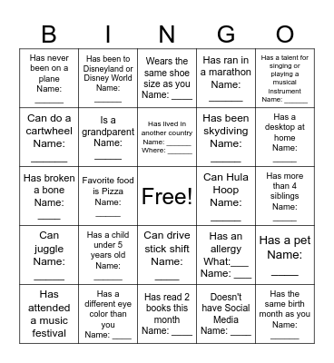 Social Bingo Card