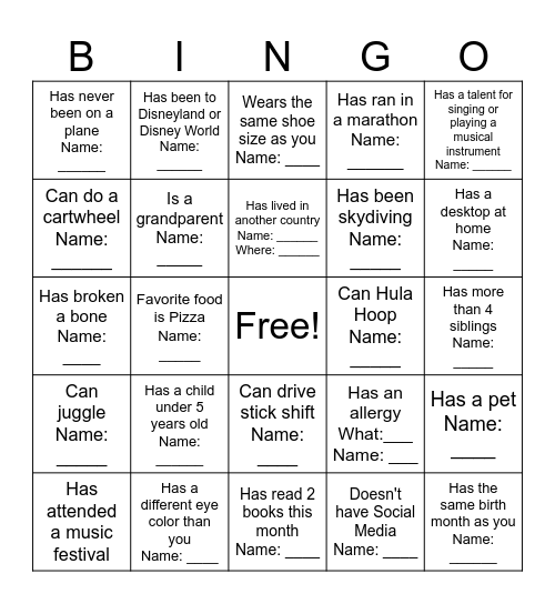 Social Bingo Card