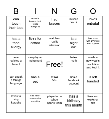 LV "GET TO KNOW ME" BINGO Card
