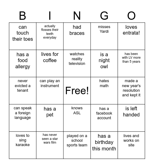 LV "GET TO KNOW ME" BINGO Card