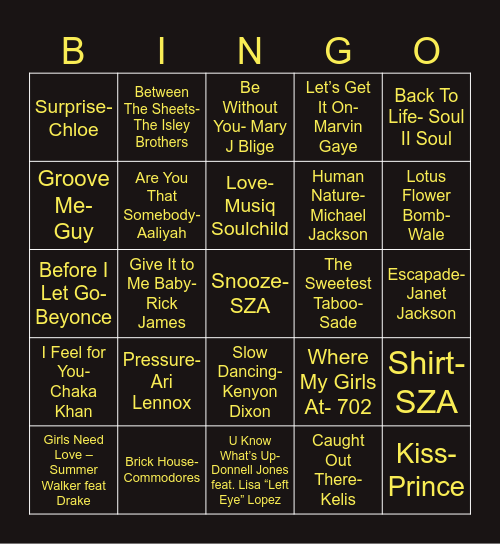 R & B Music Bingo Card