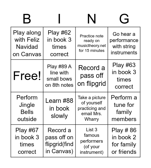 AMS Beg. Orchestra Winter Break Bingo Card