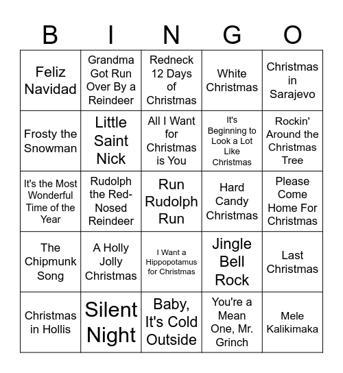 Christmas Songs Bingo Card