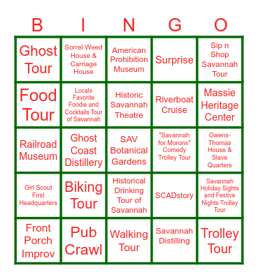 Things to do in Savannah Bingo Card