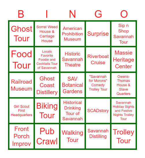 Things to do in Savannah Bingo Card