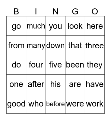 Sight Word Bingo Card