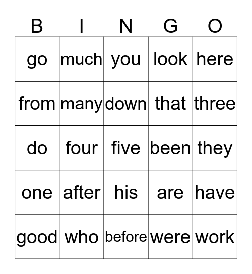 Sight Word Bingo Card