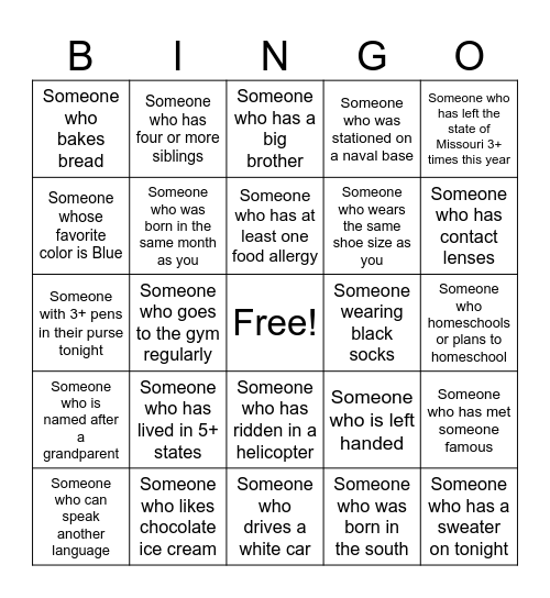Get to know you Bingo Card
