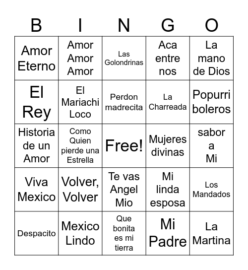 Mariachi Bingo Card