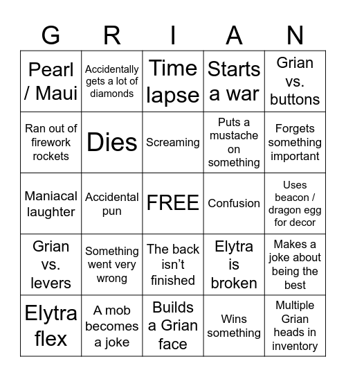 Grian Bingo Card
