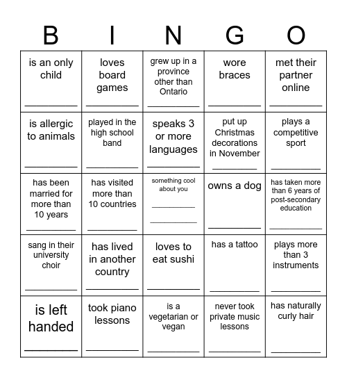 Get to know your GGFG band family Bingo Card