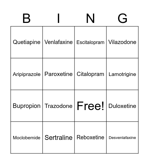 Antidepressant Bingo Card