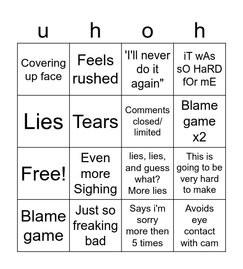 Youtuber apology bingo Card