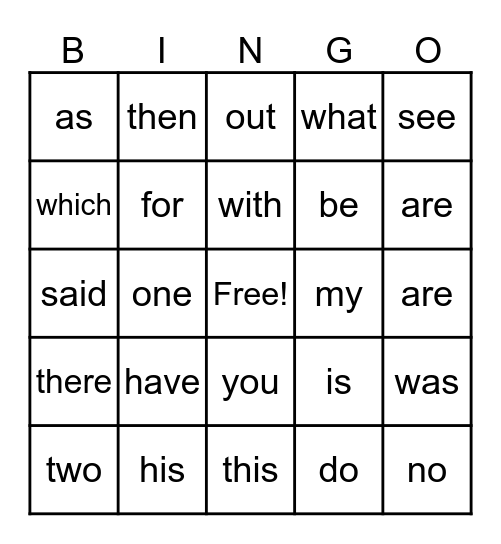 High-Frequency Word Bingo Card