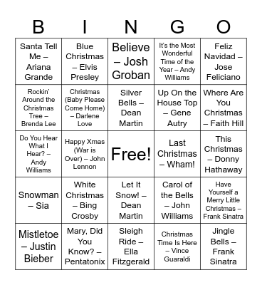 Holiday Music Bingo! Bingo Card