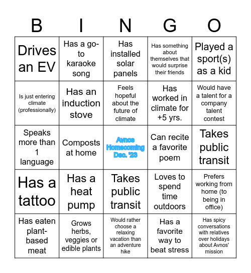 Avnos Homecoming Dec. '23 Bingo Card