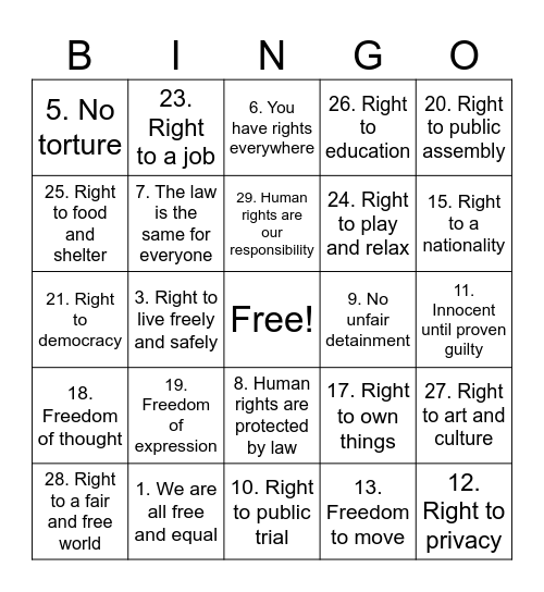 Human Rights Day Bingo Card