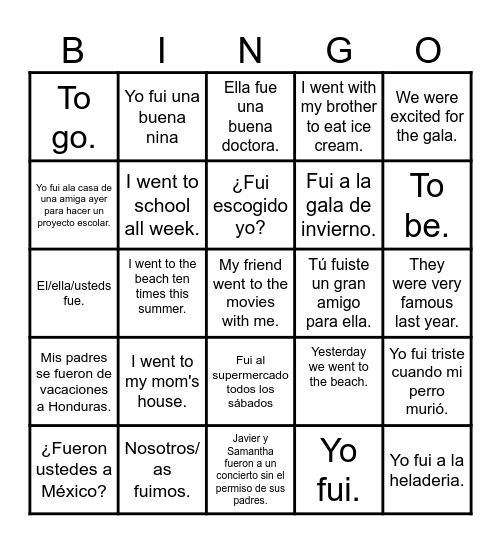 Ir and Ser Bingo Card