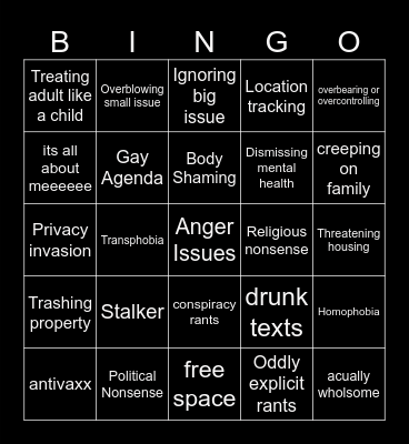 Insane parents bingo (credit to the click on youtube) Bingo Card
