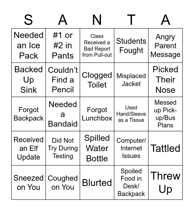 So Close to Winter Break BINGO Card