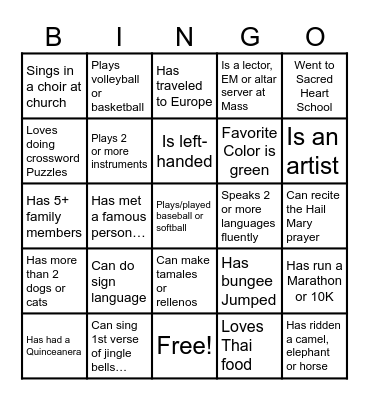 SHC Get to Know You Bingo Card