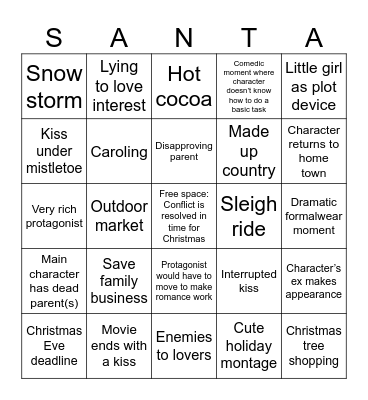 Holiday Rom Com Bingo Card