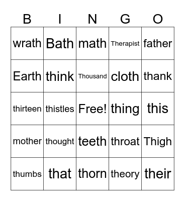 TH Words Bingo Card