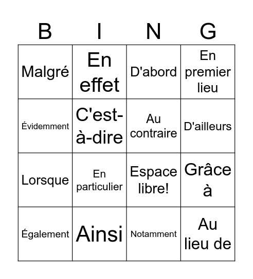 Mots Connecteurs Bingo Card