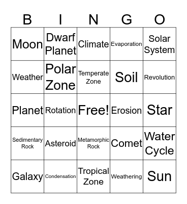 Earth and Space Science Bingo Card