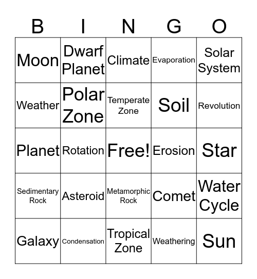 Earth and Space Science Bingo Card