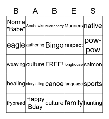 Babe's Birthday Bingo Card