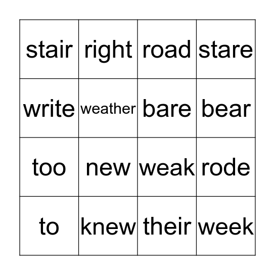 Spelling Words Bingo Card