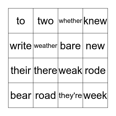 Spelling Words Bingo Card