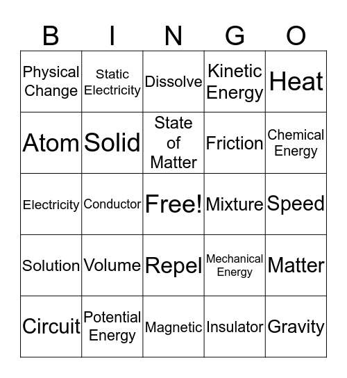 Physical Science Bingo Card