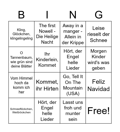 Weihnachtslieder-Bingo Card