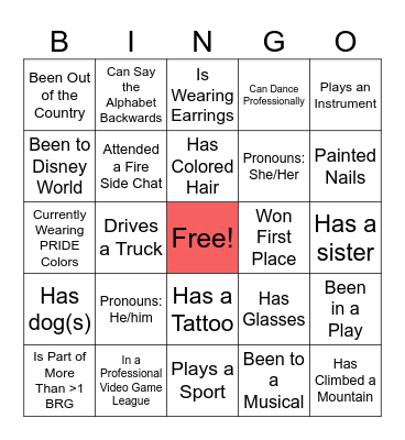 PRIDE Bingo Ice Breaker Bingo Card