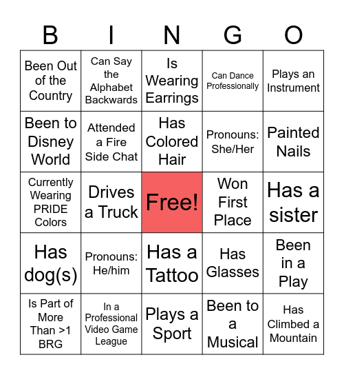 PRIDE Bingo Ice Breaker Bingo Card