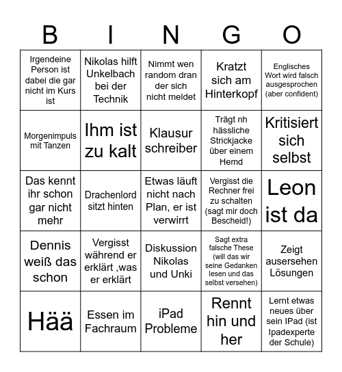 Unki Bunki Bingo Card