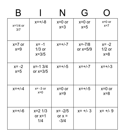 MATH BINGO Card