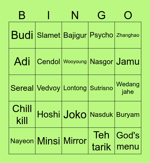 Hoshi Bingo Card