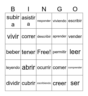 ER and IR verbs Bingo Card