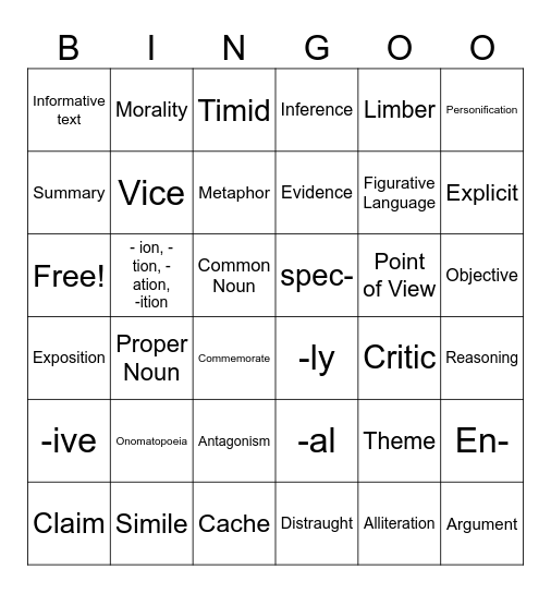 1st Semester Vocab Bingo Card
