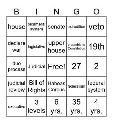 U.S.A CONSTITUTION Bingo Card