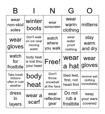 Stay safe in warm weather BINGO Card
