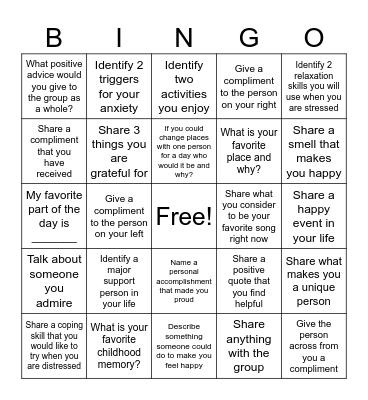 Therapeutic Bingo Card
