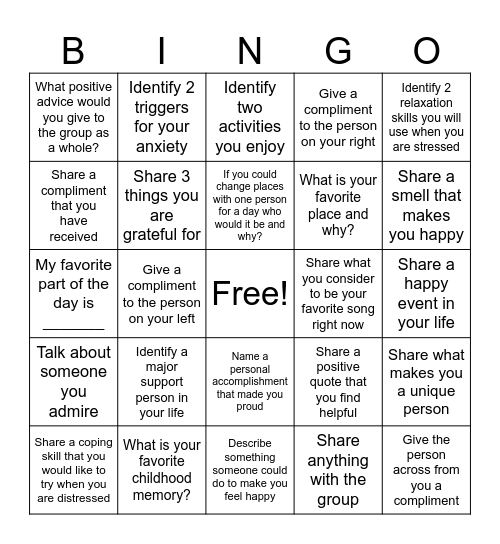 Therapeutic Bingo Card