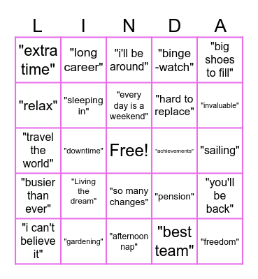 Linda's Retirement Lingo Bingo Card