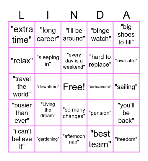 Linda's Retirement Lingo Bingo Card